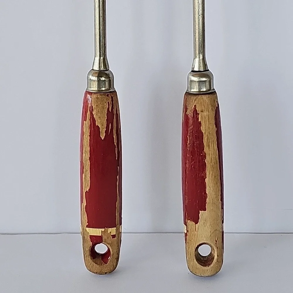 Vintage A&J Meat Serving Fork Set Red Wood Handle Made in USA‎ Rustic Farmhouse